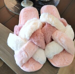 Women's Pink and White Fuzzy Slippers